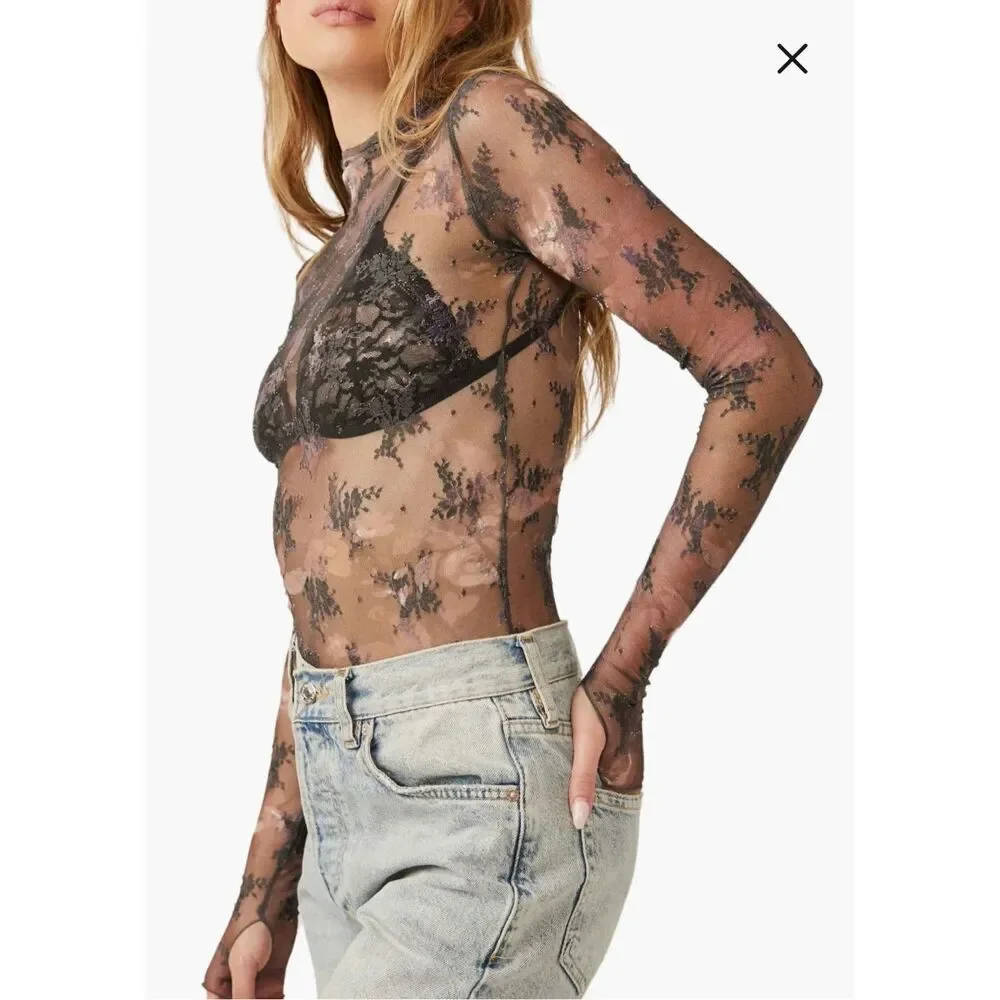 Free People Printed Lady Sheer Embroidered Top XS Gray Floral Grunge Whimsigoth